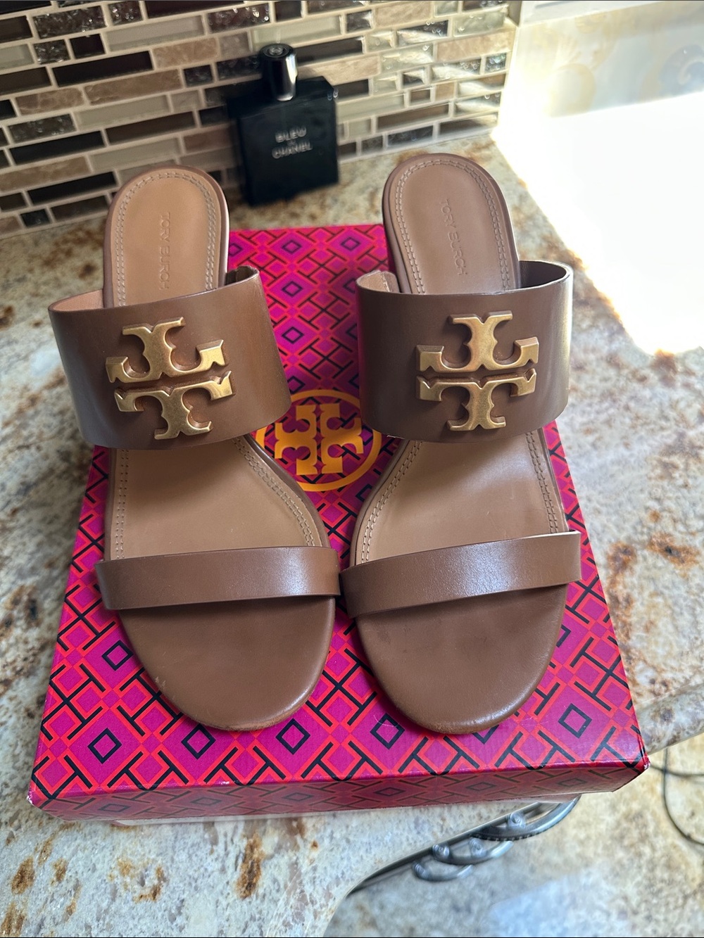 Tory Burch Brown Leather Slide Mules with Gold Logo